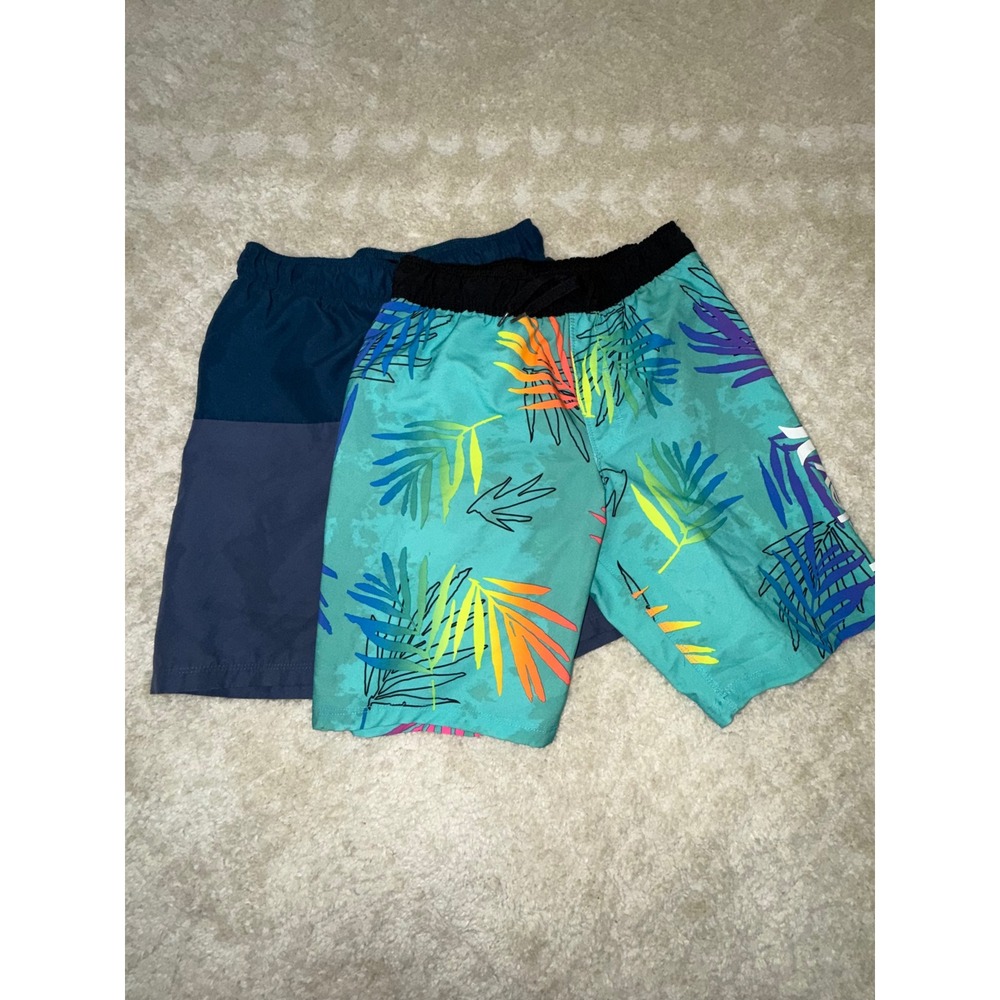 Hurley Boys Swim Trunks Size 7/8 Bundle Tropical Palm & Colorblock 2 Pack
